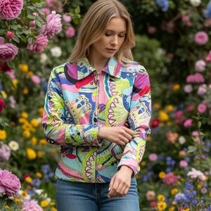 Nicole Max Psychedelic Zip Statement Jacket Retro 70s Mod Colorful Vintage Y2K